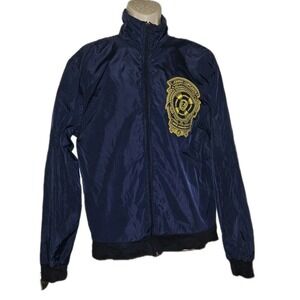 Johnny Cupcakes Mens Size L Navy Blue  Yellow‎ Logo Full Zip Windbreaker Jacket